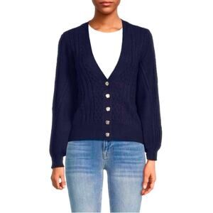 Elie Tahari Navy Blue Cable Knit V-Neck Long Sleeve Cardigan Sweater NWT Medium